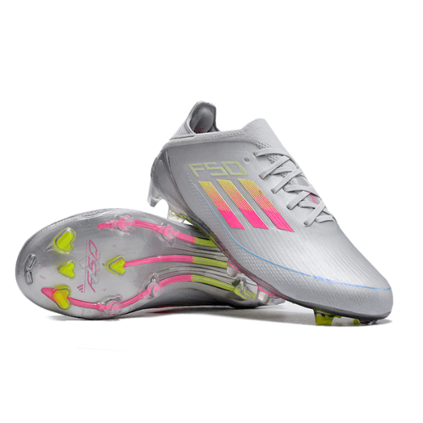 Chuteira Infantil Campo Adidas F50 Elite FG Branca, Rosa e Amarela - VENI Futebol