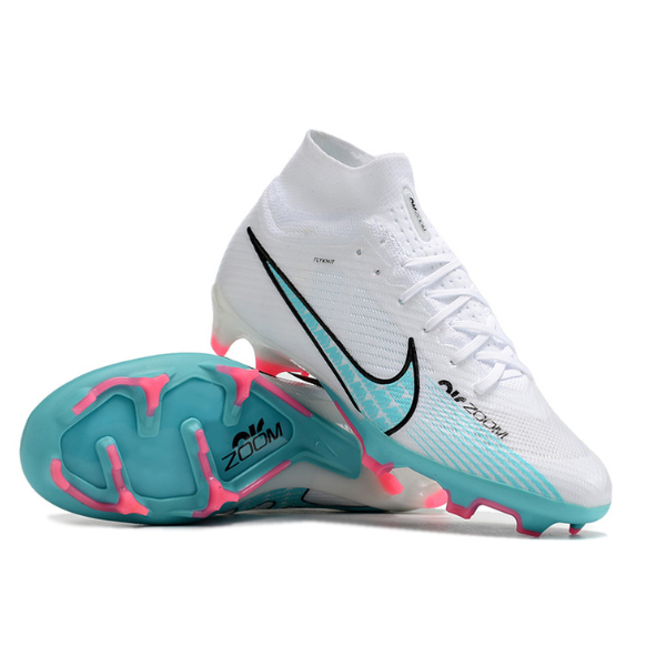 Chuteira Infantil Campo Nike Zoom Mercurial Superfly 9 Elite FG Branca, Azul e Rosa - VENI Futebol