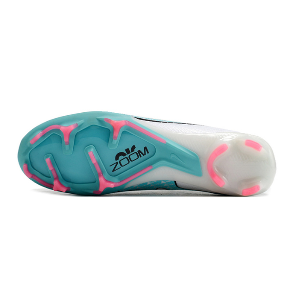 Chuteira Infantil Campo Nike Zoom Mercurial Vapor 15 Elite FG Branca, Azul Claro e Rosa - VENI Futebol
