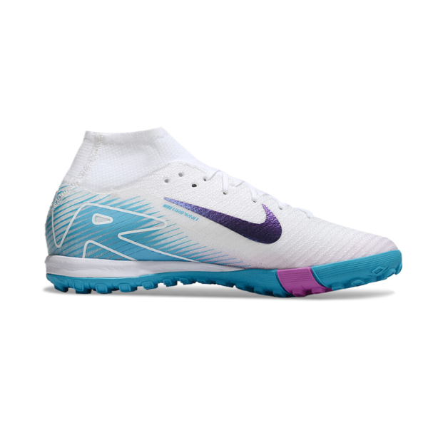 Nike Zoom Mercurial Superfly 10 Elite Kids White and Light Blue Turf TF Football Boot