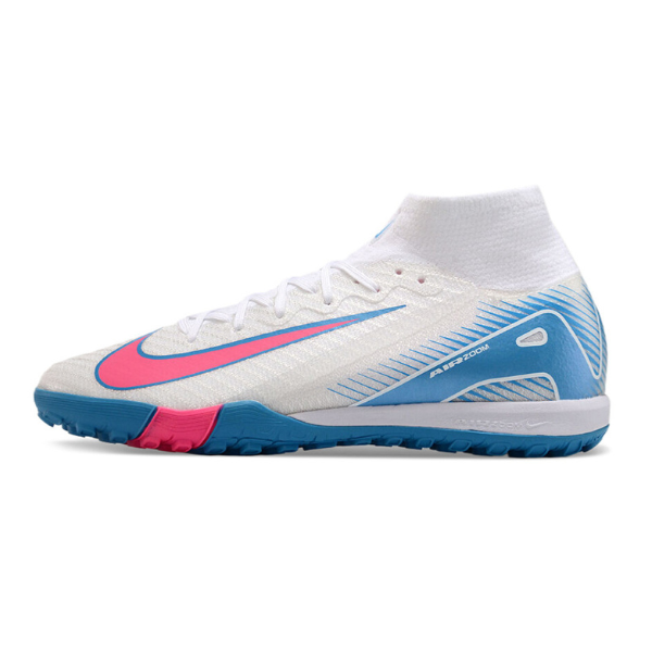 Nike Zoom Mercurial Superfly 10 Elite Kids White Pink and Blue Turf TF Football Boot