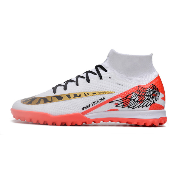 Nike Zoom Mercurial Superfly 9 Elite White Red and Gold TF Kids