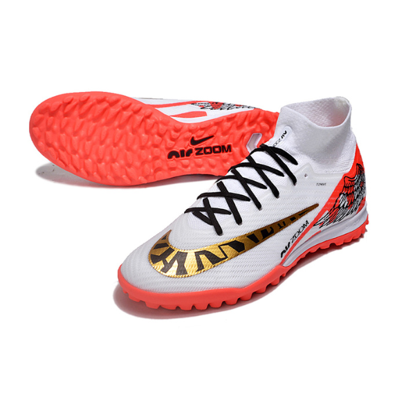 Nike Zoom Mercurial Superfly 9 Elite White Red and Gold TF Kids