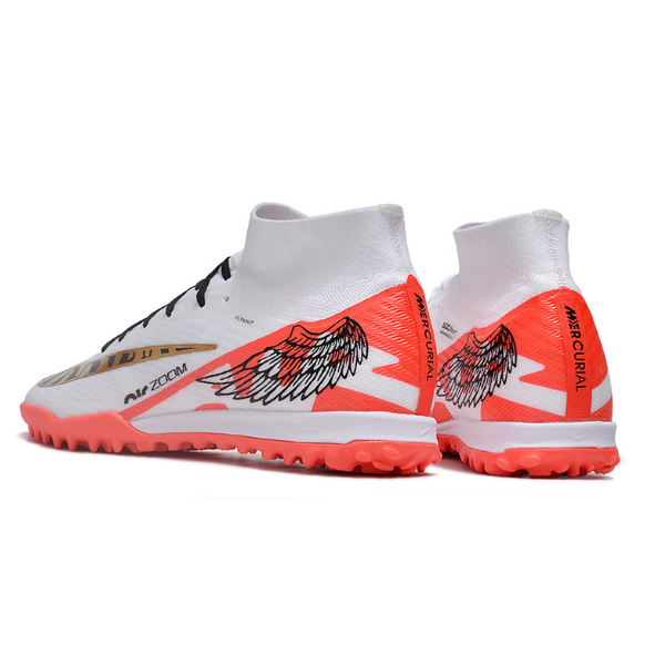 Nike Zoom Mercurial Superfly 9 Elite White Red and Gold TF Kids