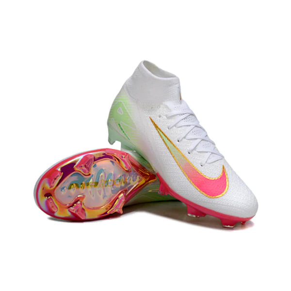Nike Air Zoom Mercurial Superfly 10 Elite White Pink and Green Firm Ground FG Kids Football Boot