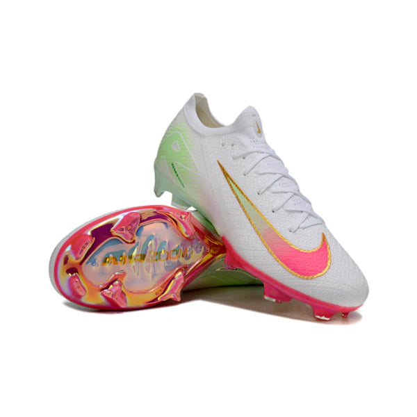 Nike Air Zoom Mercurial Vapor 16 Elite White Pink and Green Firm Ground FG Kids Football Boot