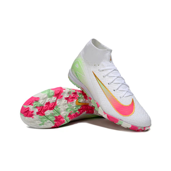 Nike Zoom Mercurial Superfly 10 Elite Kids White Pink and Green Turf TF Football Boot