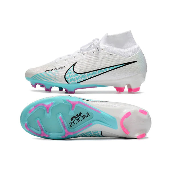 Nike Zoom Mercurial Superfly 9 Elite White Light Blue and Pink Firm Ground FG Kids Football Boot