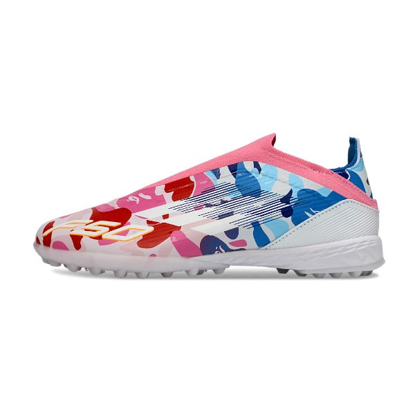 Adidas F50 Elite Laceless White and Pink, Blue TF Kids Football Boot