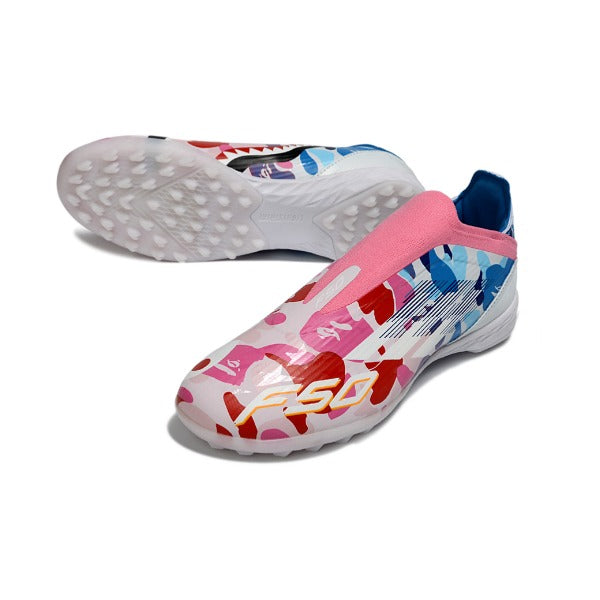 Adidas F50 Elite Laceless White and Pink, Blue TF Kids Football Boot
