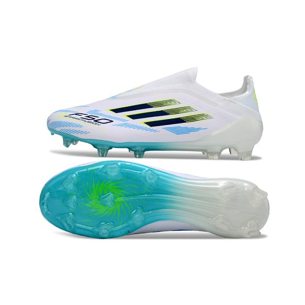 Adidas F50 Elite Laceless White, Blue and Black Firm Ground FG Football Boot