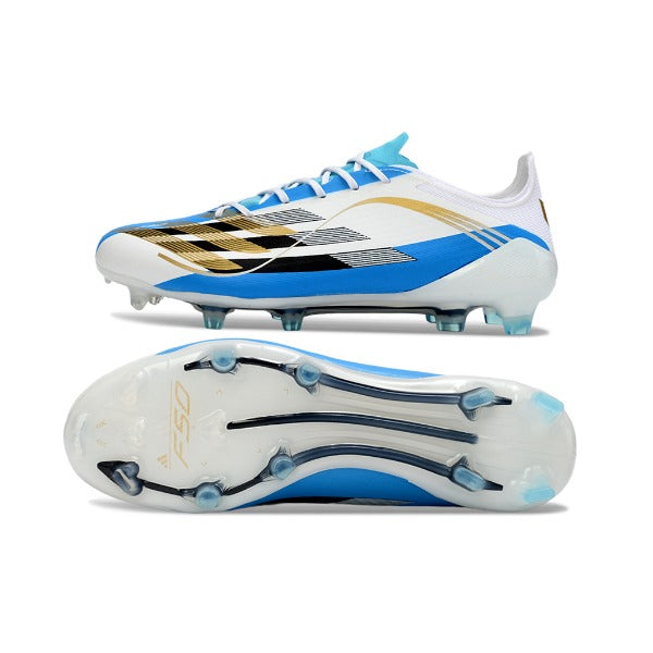 Adidas F50 Elite White, Blue and Golden Firm Ground FG Football Boot