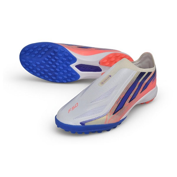 Adidas F50 Hyperfast Laceless Elite Pink, White and Blue Turf TF Football Boot