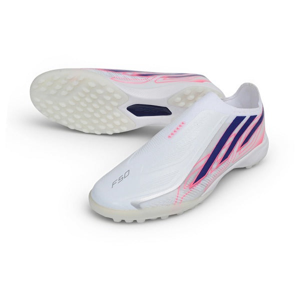 Adidas F50 Hyperfast Laceless Elite White, Pink and Purple Turf TF Football Boot