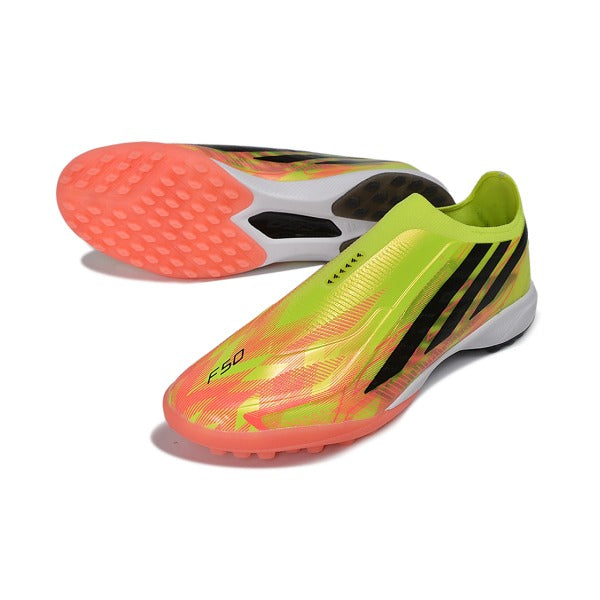 Adidas F50 Hyperfast Laceless Elite Yellow and Salmon Pink Turf TF Football Boot