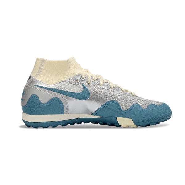 Nike x Patta Zoom Mercurial Superfly Elite White, Blue and Silver Turf TF Kids Football Boot