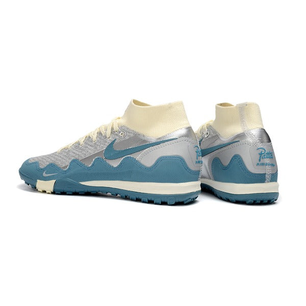 Nike x Patta Zoom Mercurial Superfly Elite White, Blue and Silver Turf TF Kids Football Boot
