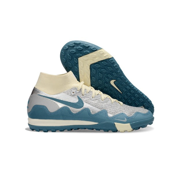 Nike x Patta Zoom Mercurial Superfly Elite White, Blue and Silver Turf TF Kids Football Boot
